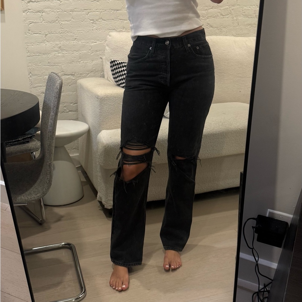 Agolde Black Distressed Straight Leg Jeans